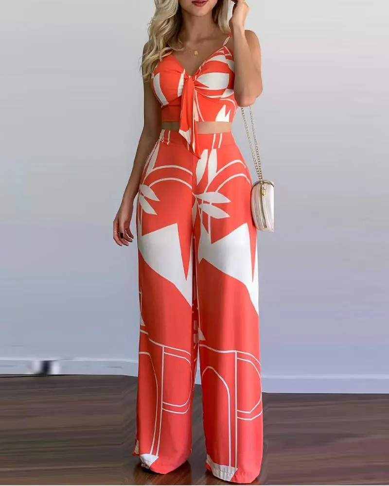 PLANTS PRINT TIED DETAIL CROP CAMI TOP PANTS SET
