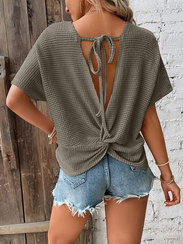 VCAY BATWING SLEEVE TWIST TIE BACK WAFFLE KNIT TEE