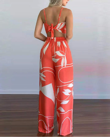 PLANTS PRINT TIED DETAIL CROP CAMI TOP PANTS SET