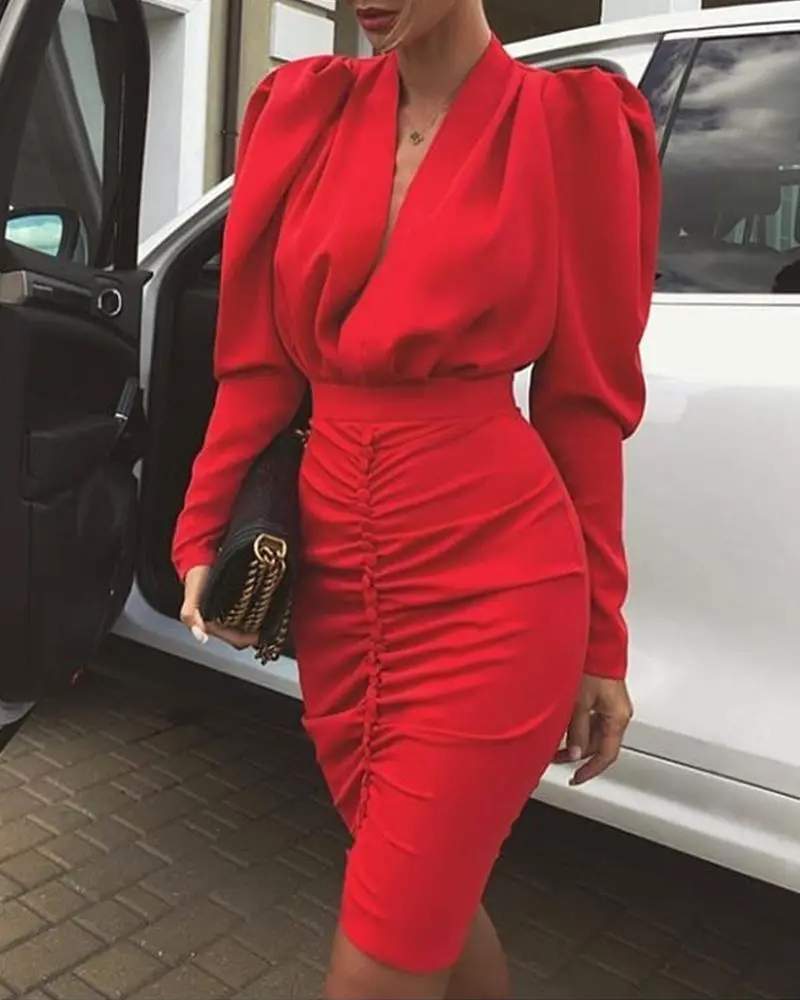 PUFF SLEEVE PLUNGE RUCHED PARTY DRESS