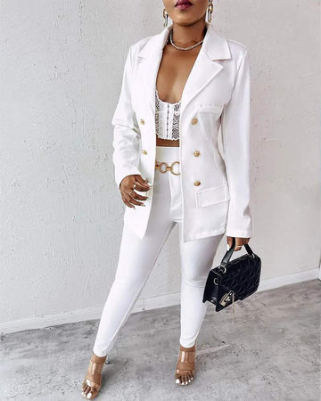LAPEL COLLAR DOUBLE BREASTED BLAZER TAILORED PANTS SET