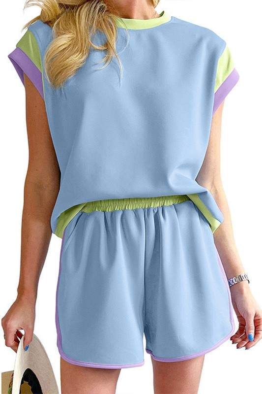 MULTICOLOR SLEEVES TOP SHORTS SET