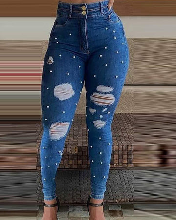 Pearl Embellished Denim, Ripped High Waist
