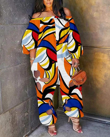 PLUS SIZE ALLOVER PRINT OFF SHOULDER CUTOUT JUMPSUIT