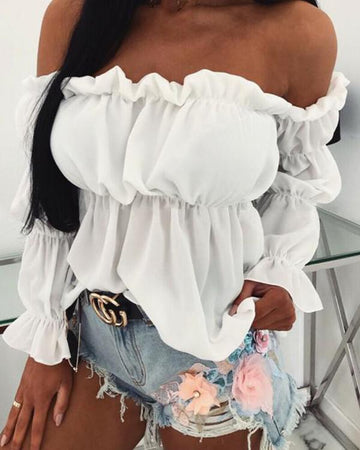 Off Shoulder Frill Hem Bell Sleeve Top