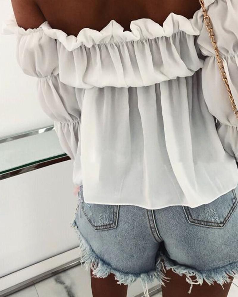 Off Shoulder Frill Hem Bell Sleeve Top