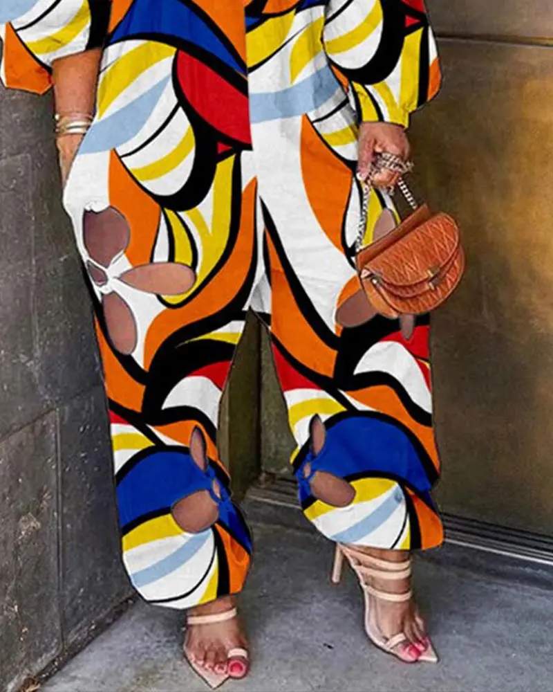 PLUS SIZE ALLOVER PRINT OFF SHOULDER CUTOUT JUMPSUIT
