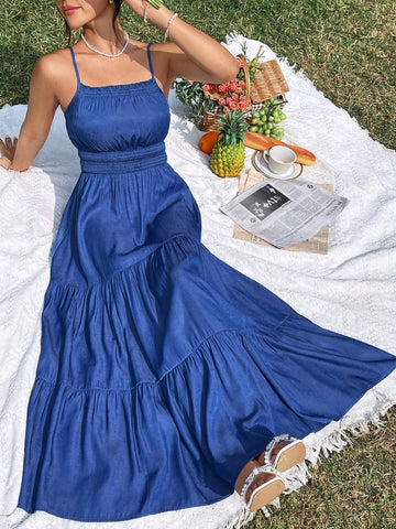 ESSNCE WOMEN S SOLID COLOR RUFFLED HEM SPAGHETTI STRAP DRESS