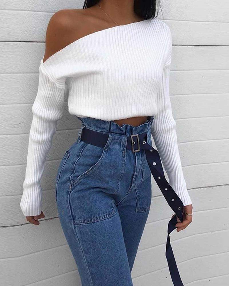Plain One Shoulder Long Sleeve Knit Sweater
