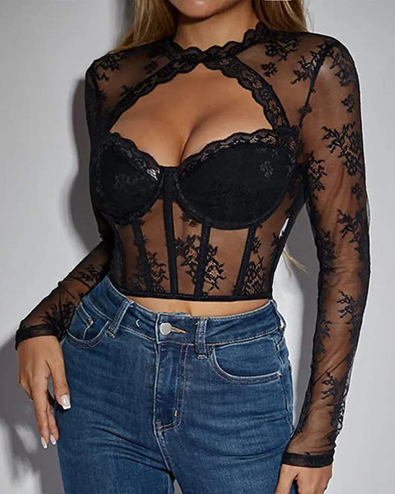 LACE SCALLOP TRIM HOLLOW OUT CORSET TOP