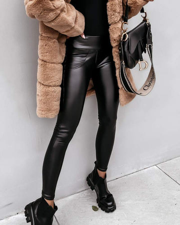 Solid PU Leather Skinny Pants