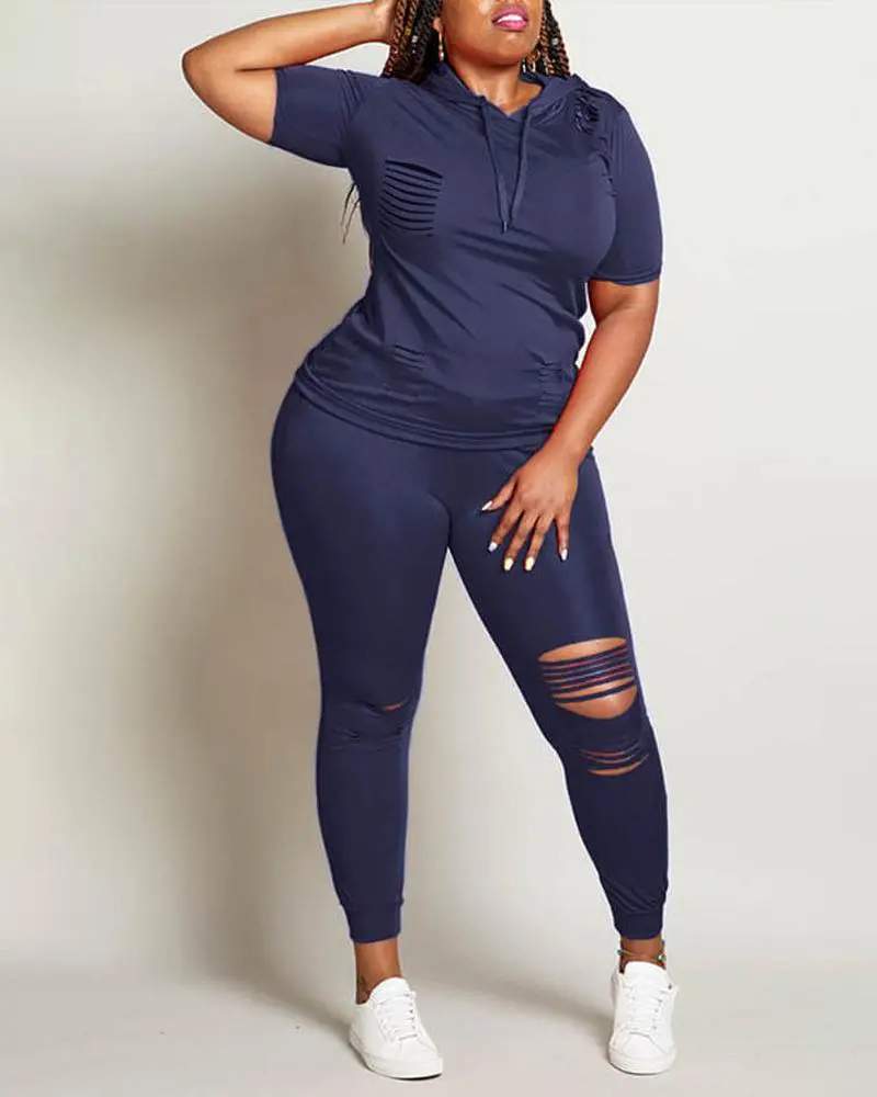 PLUS SIZE LADDER CUTOUT CASUAL TOP PANTS SET
