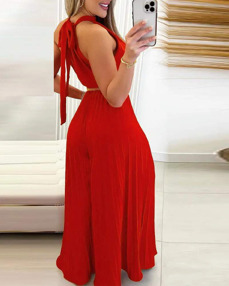 SLEEVELESS PLEATED WIDE LEG JUMPSUIT WITHOUT BELT