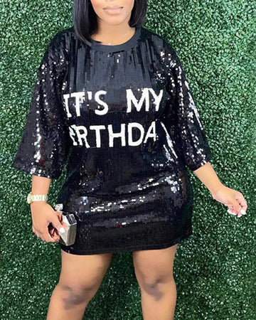 LETTER PATTERN ALLOVER SEQUIN CASUAL DRESS