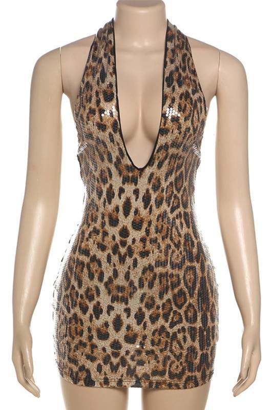 LEOPARD SEQUINS HALTER MINI DRESS