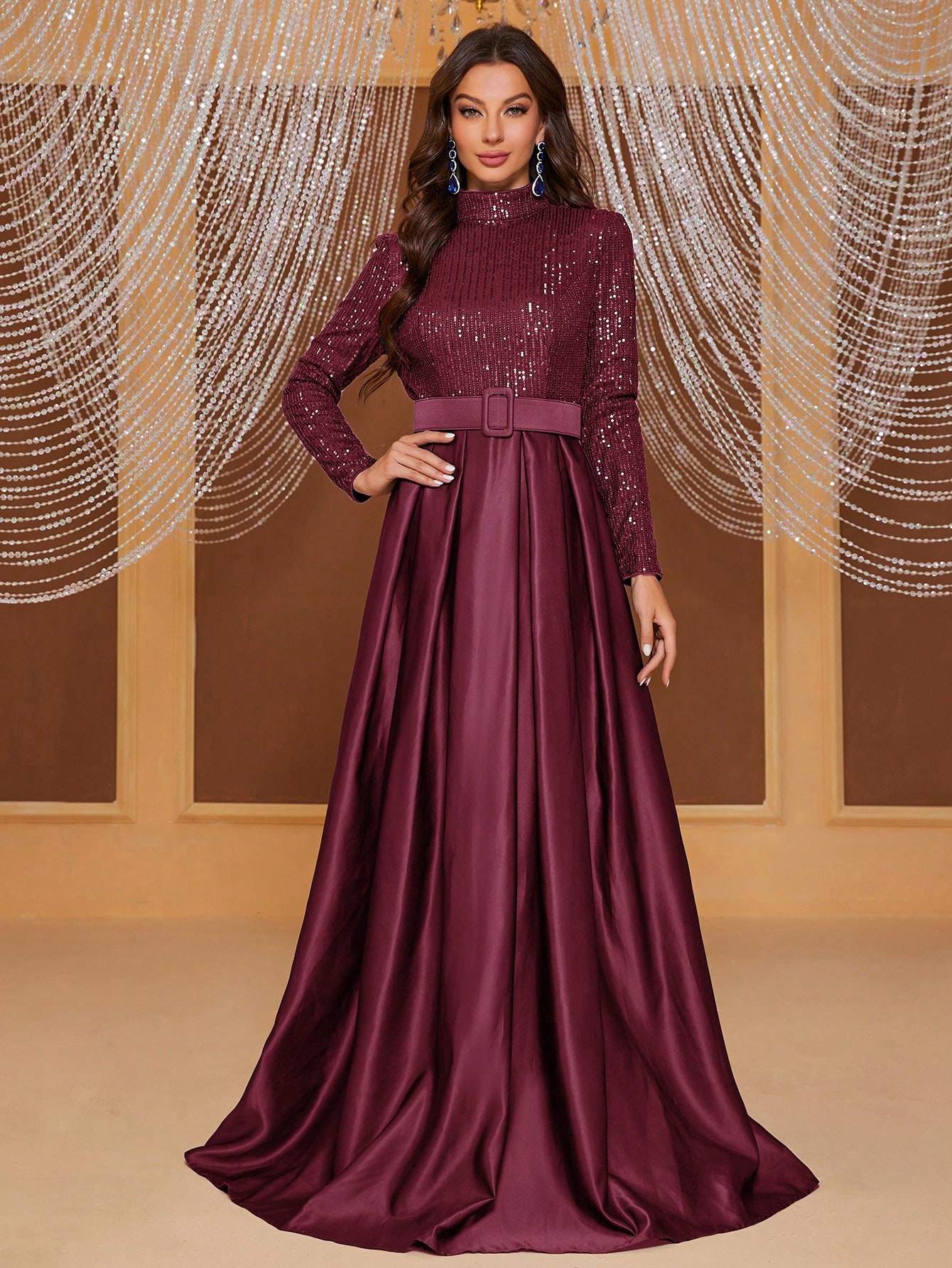 GIFFNISETI LONG SLEEVE HIGH NECK SEQUIN PANEL PLEATED EVENING DRESS WITH BELT