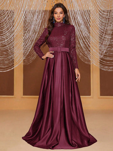 GIFFNISETI LONG SLEEVE HIGH NECK SEQUIN PANEL PLEATED EVENING DRESS WITH BELT