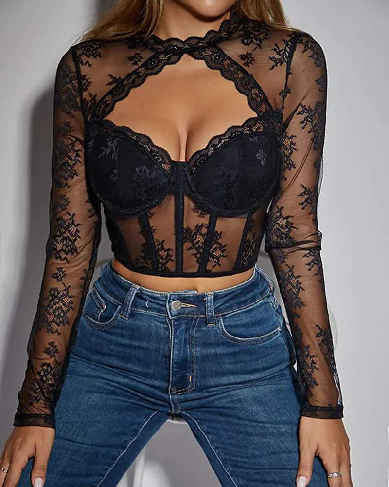 LACE SCALLOP TRIM HOLLOW OUT CORSET TOP