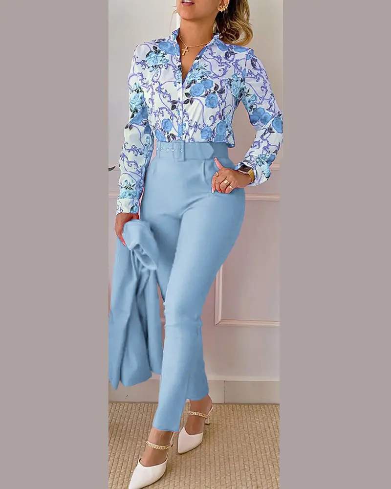 FLORAL BAROQUE PRINT SHIRT HIGH WAIST PANTS SET