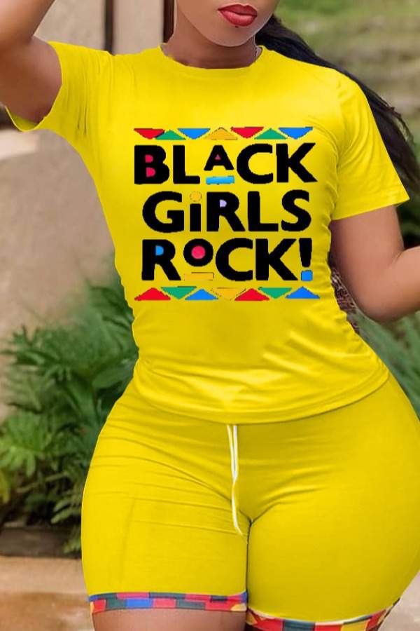 CASUAL LETTER PRINT YELLOW TWO PIECE SHORTS SET