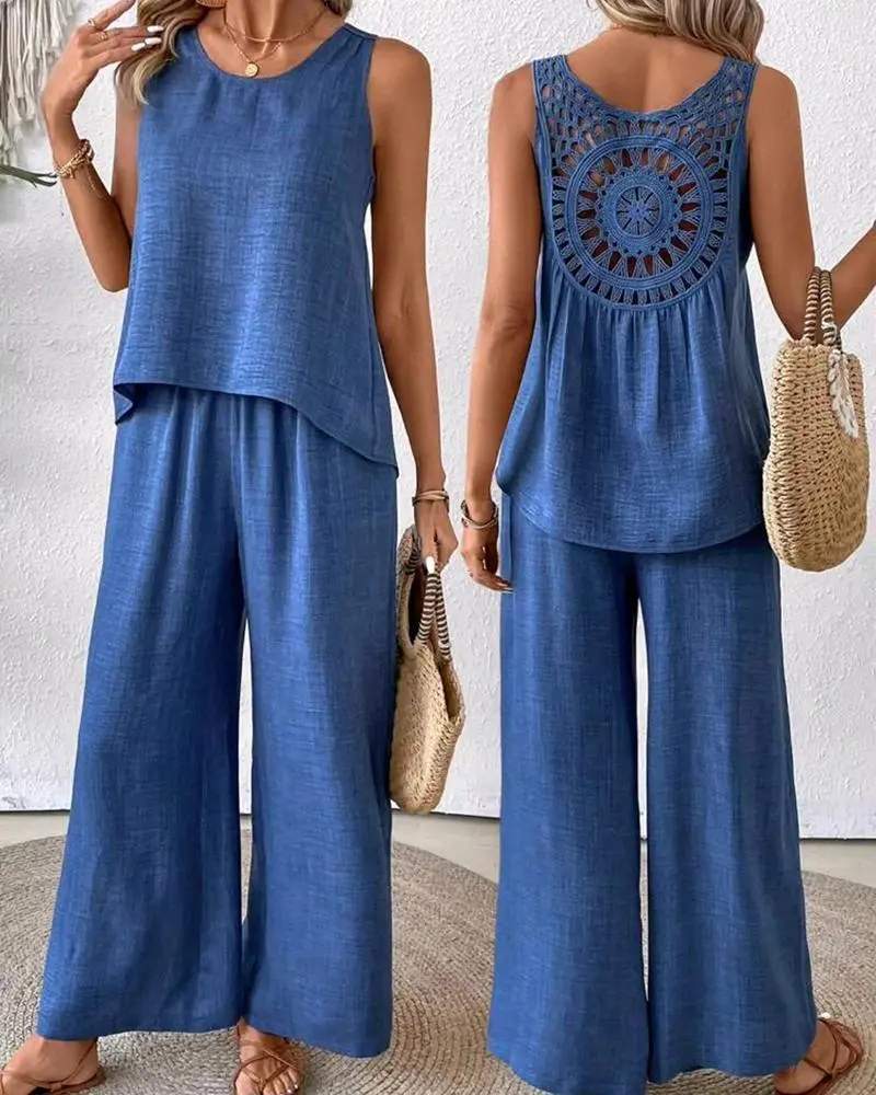 HOLLOW OUT CROCHET LACE TANK TOP WIDE LEG PANTS SET