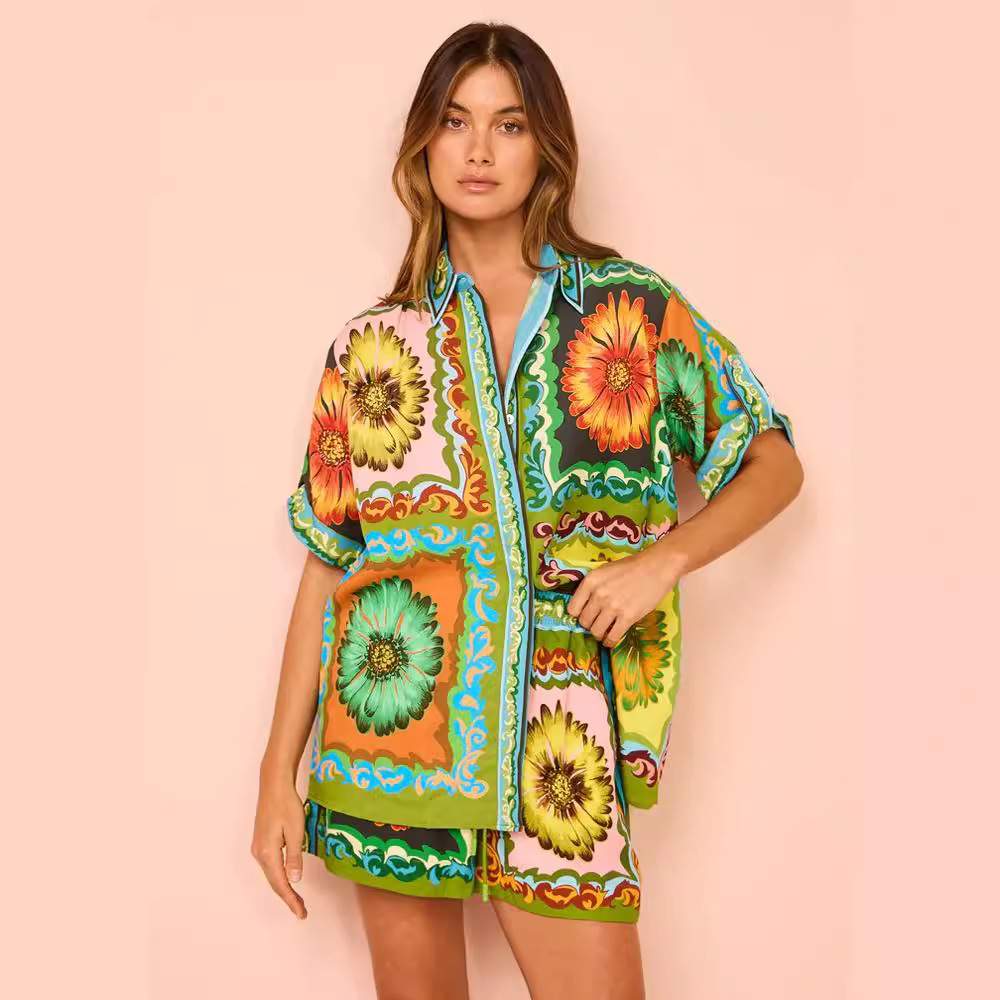 LOOSE CASUAL SHORTS FASHION ALL MATCH DAISY FLOWER LINEN TWO SUIT