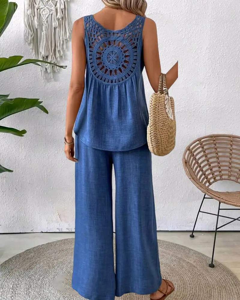 HOLLOW OUT CROCHET LACE TANK TOP WIDE LEG PANTS SET