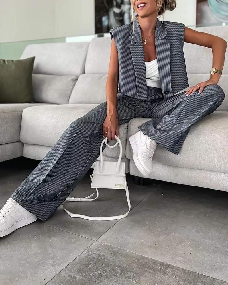 STRIPED PADDED SHOULDER TOP WIDE LEG PANTS SET