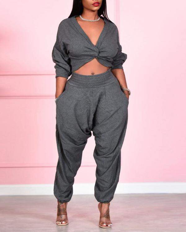 Casual Crop Top Harem Pants, Comfy Fit