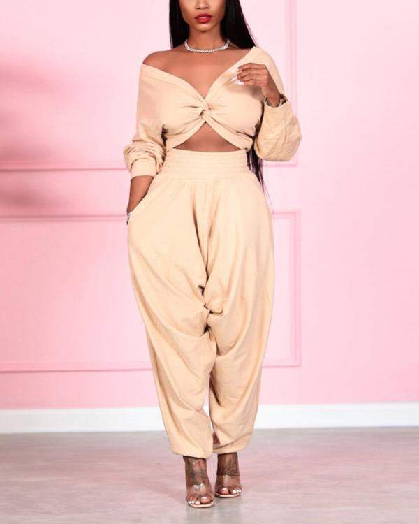 Casual Crop Top Harem Pants, Comfy Fit