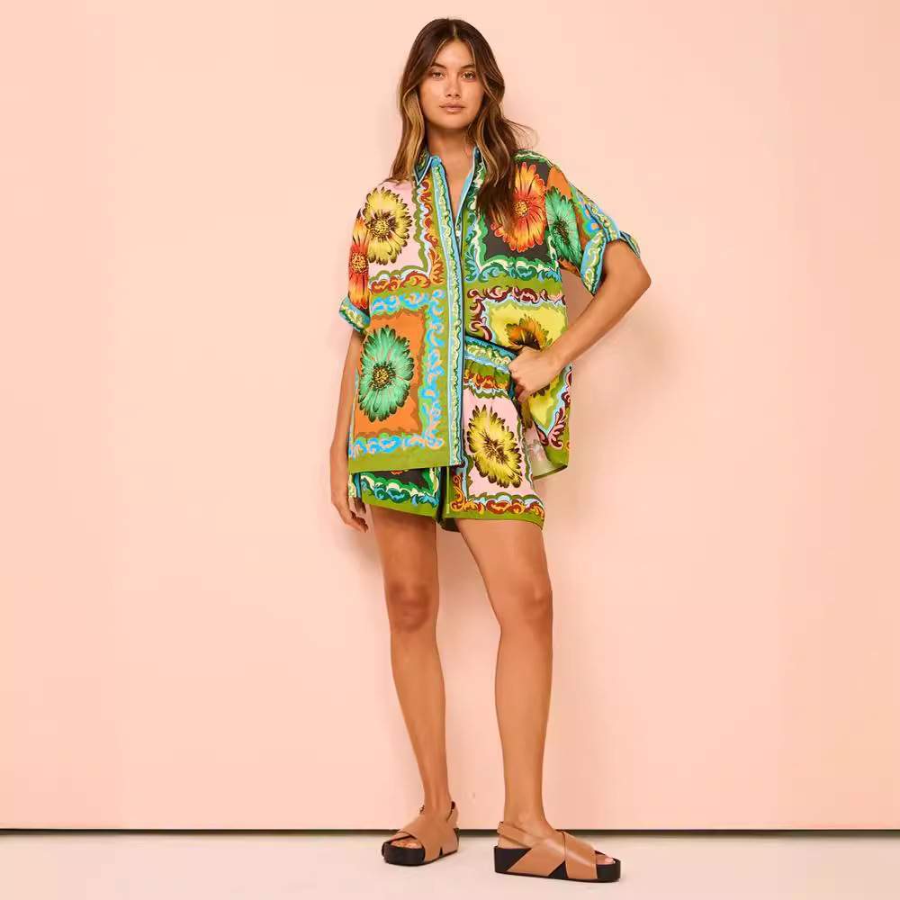 LOOSE CASUAL SHORTS FASHION ALL MATCH DAISY FLOWER LINEN TWO SUIT