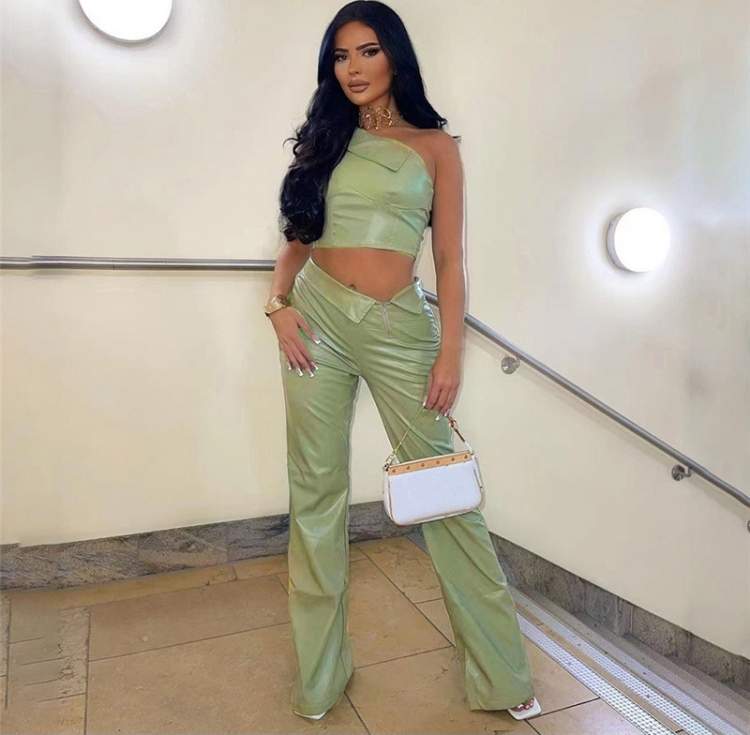 GREEN PU LEATHER ONE SHOULDER TOP AND PANT SETS