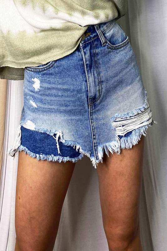CASUAL DISTRESSED DENIM WRAP SKORT PANTS