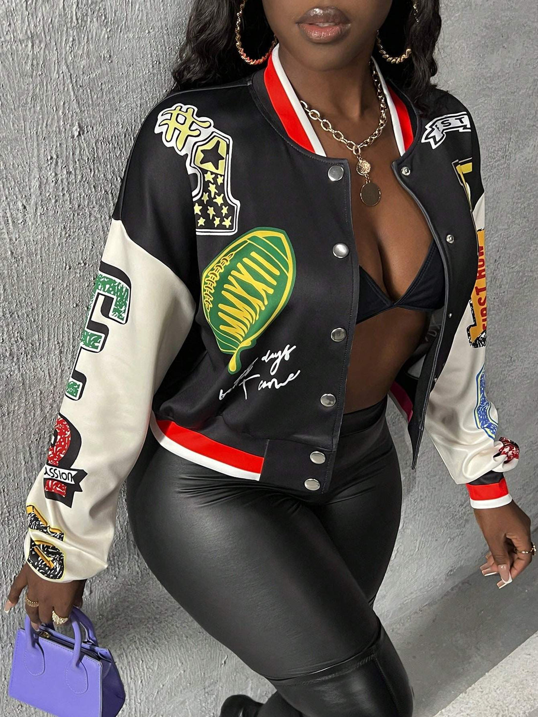 SLAYR MONOGRAM LOGO PRINT AIR LAYER OFF SHOULDER STRIPED TRIM COLORBLOCK VARSITY JACKET