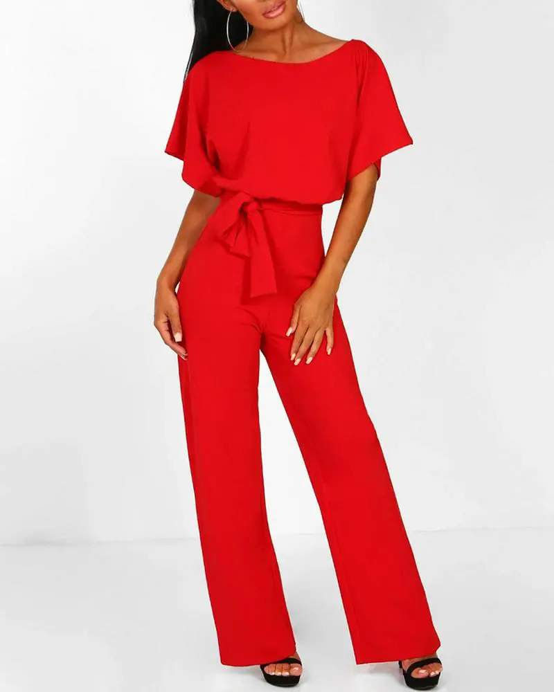 BATWING SLEEVE KEYHOLE BACK BELTED JUMPSUIT