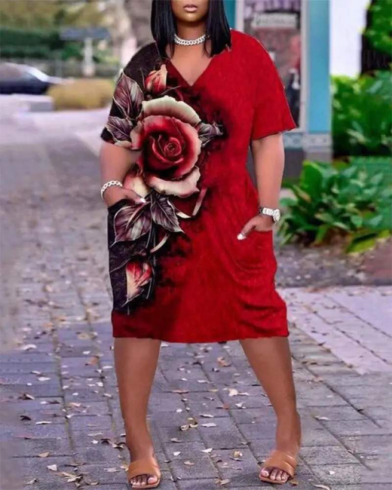 Floral Pocket Dress Plus Size Casual Fashion