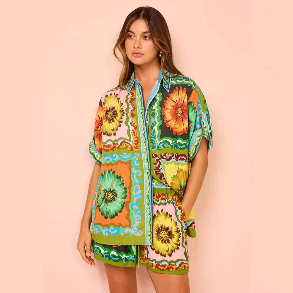 LOOSE CASUAL SHORTS FASHION ALL MATCH DAISY FLOWER LINEN TWO SUIT