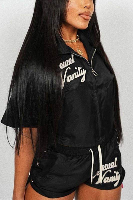 LETTER PRINT COLLARED TOP SHORTS SET