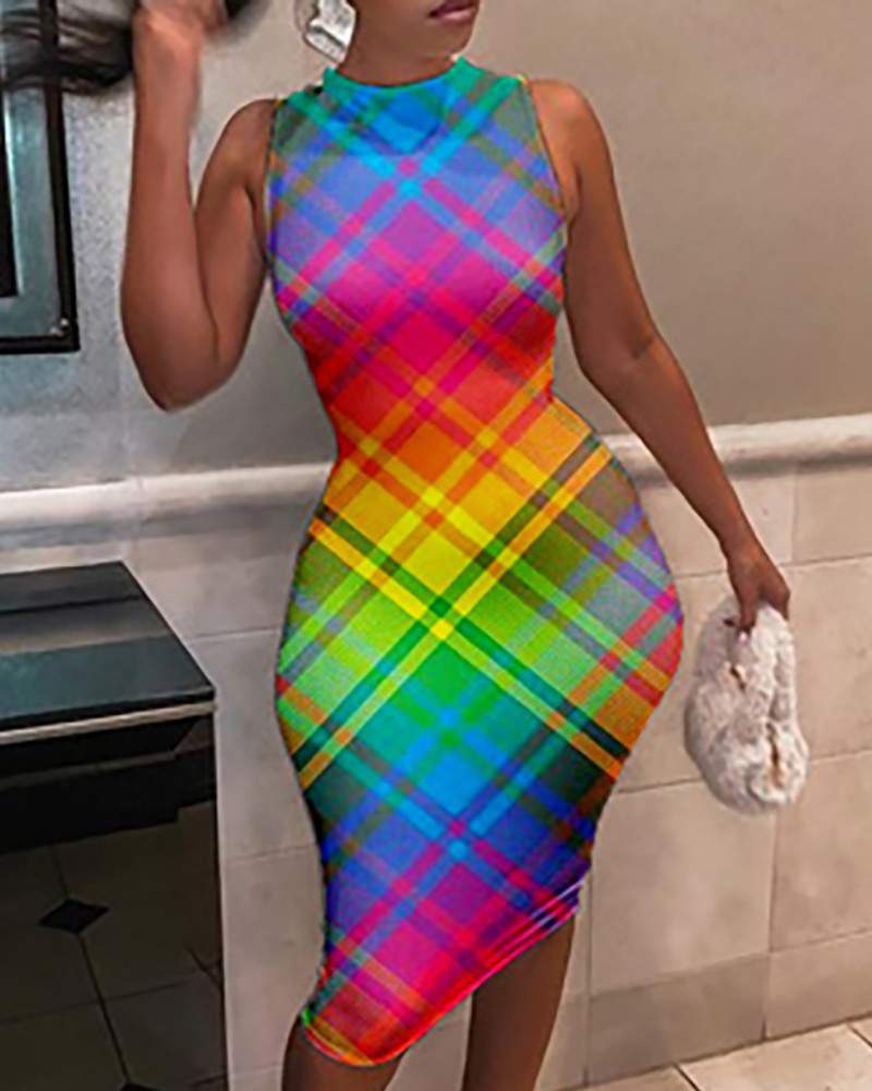 Sleeveless Plaid Print Colorblock Skinny Midi Dress