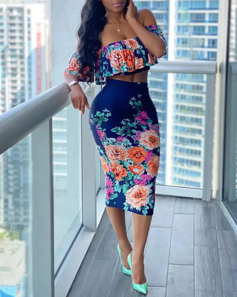 OFF SHOULDER FLORAL PRINT RUFFLES TOP SKIRT SET