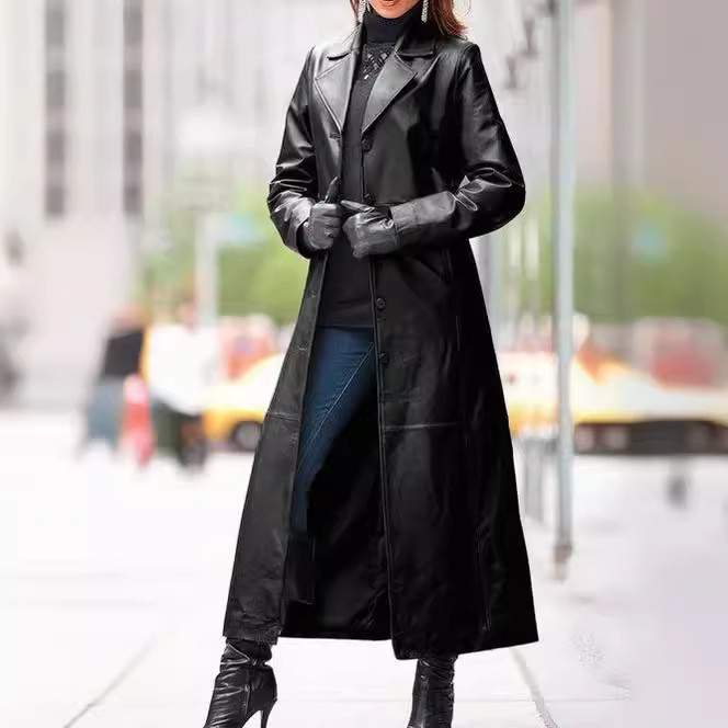   BUTTON LEATHER LONG COAT SLIM FIT   LEATHER TRENCHCOAT