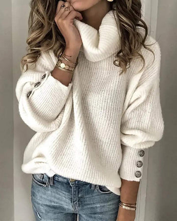 HIGH NECK LANTERN SLEEVE BUTTONED SWEATER