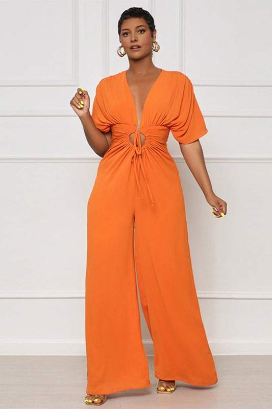 V NECK WIDE LEG JUMPSUITS