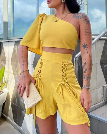 CUTOUT ONE SHOULDER CROP TOP LACE UP SHORTS SET