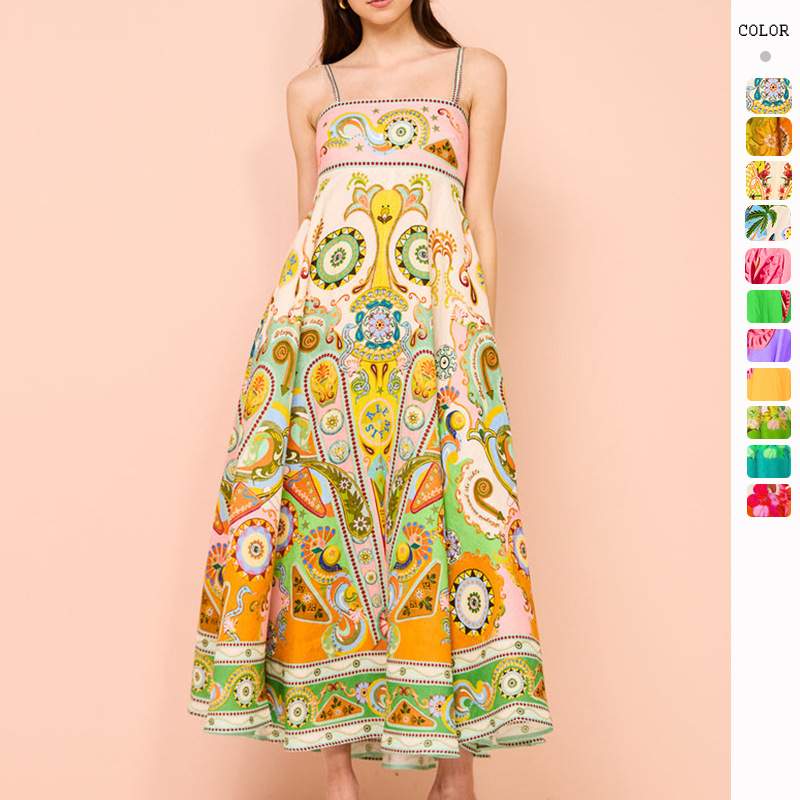 SEXY SLING ELEGANT PRINTED HIGH WAIST LARGE SWING DRESS
