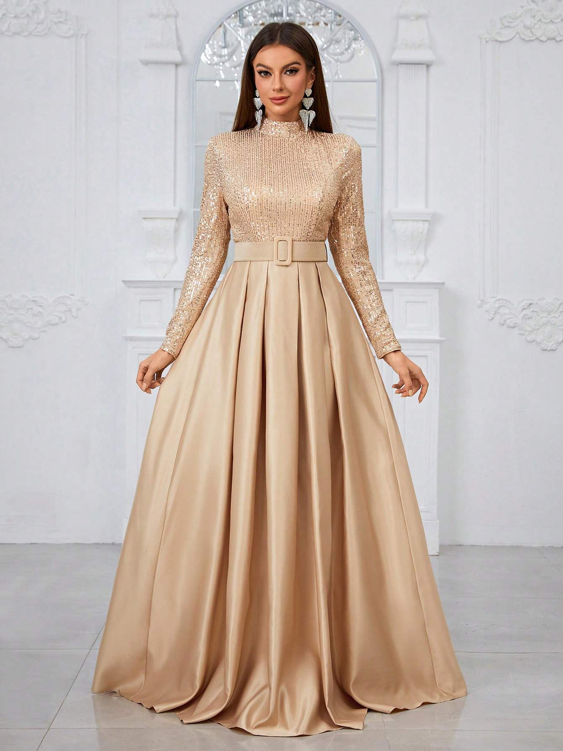 GIFFNISETI LONG SLEEVE HIGH NECK SEQUIN PANEL PLEATED EVENING DRESS WITH BELT