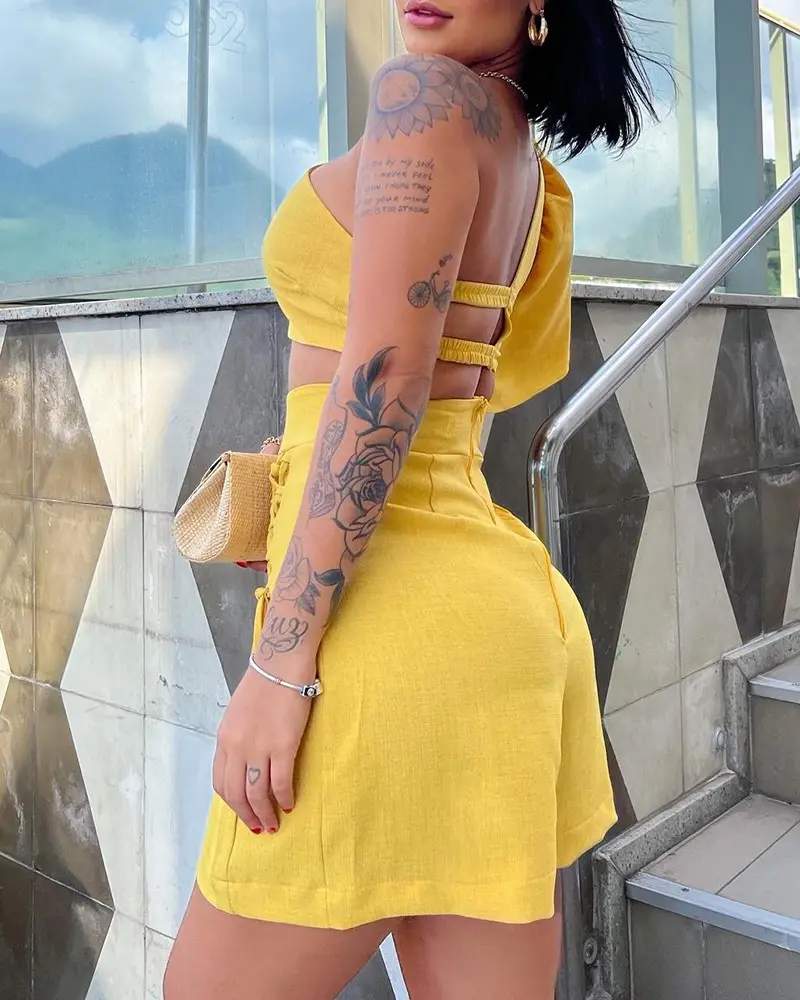 CUTOUT ONE SHOULDER CROP TOP LACE UP SHORTS SET