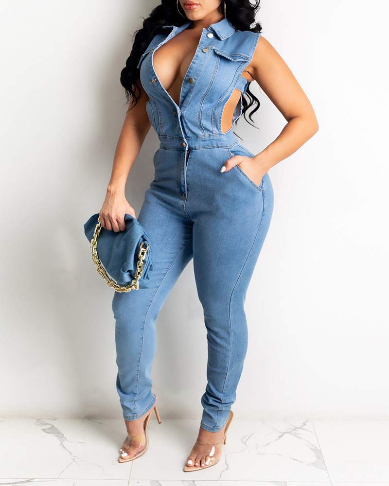 Pocket Button Design Cutout Denim Jumpsuit