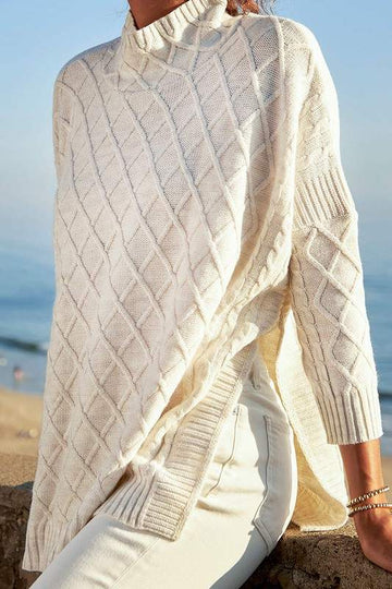 MOCK NECK KNIT SWEATER WITH SIDE SLITS