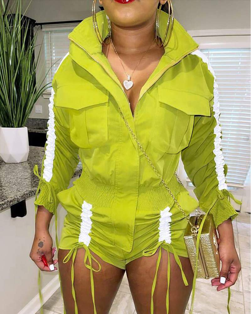 Colorblock Drawstring Pocket Zipper Design Romper